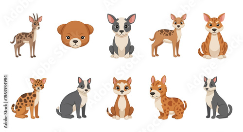 Set of Cute Cartoon African Wild Dogs and Savannah Animals