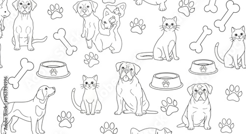 Seamless Pattern of Cute Dogs and Cats with Pet Accessories