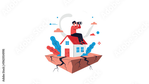 Real estate market outlook and housing crisis concept with man on roof of a house on cracked ground with binoculars.