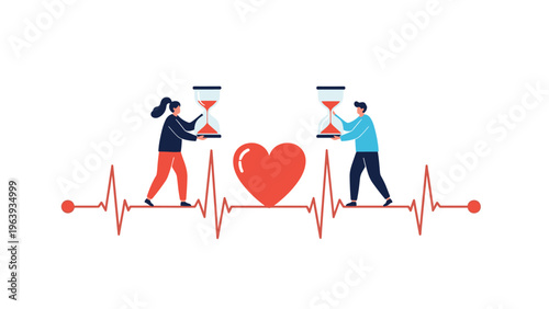 Time and health balance concept with man and woman holding hourglasses over a heartbeat monitor line with heart.