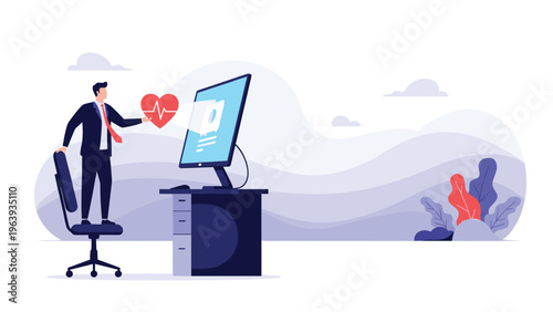 Caring businessman stands on a chair and places a red heart icon into a large computer monitor representing digital healthcare.