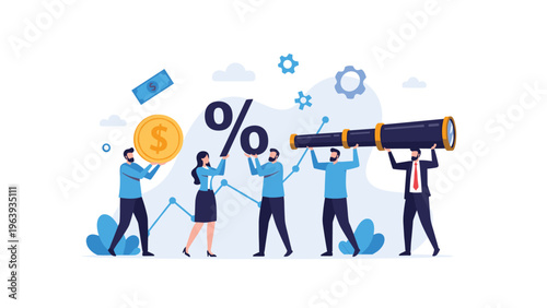 Diverse business team carries various large symbols including a dollar coin, a percent sign, and a telescope for market research.