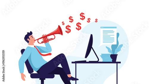 Businessman in a suit runs away from an office desk with a large bag of money towards a glowing green exit sign.