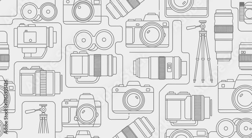 Seamless Pattern with Photography Equipment Line Art Icons