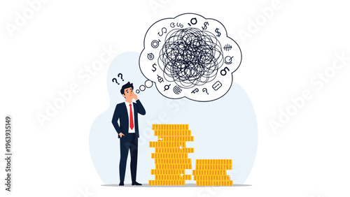 Pensive businessman standing next to stacks of gold coins while contemplating a complex cloud of financial symbols and data.