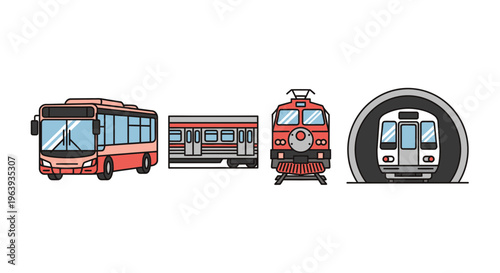 Set of Public Transportation Icons Featuring Bus and Trains