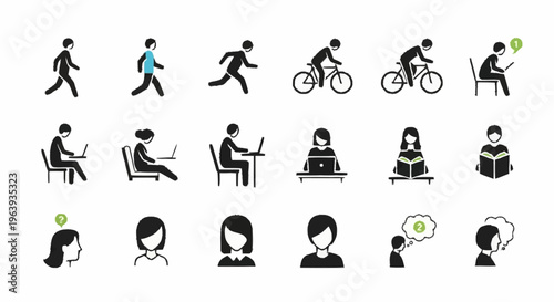 Diverse Activities - People Walking, Running, Cycling, and Working.