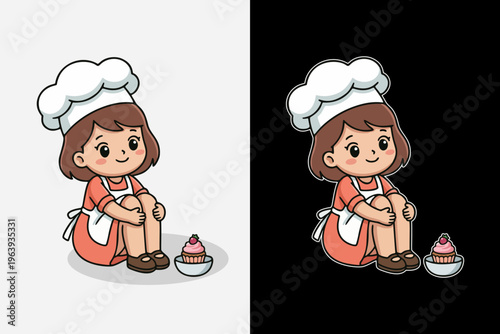 Charming cartoon baker girl relaxing with a fresh cupcake after a busy day