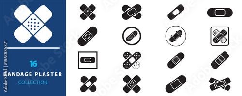 Medical bandage plaster collection, 16 adhesive bandage icons in black and white, first aid wound care strips for healthcare and nursing
