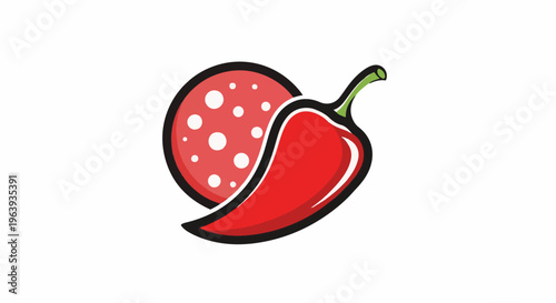 A stylized red chili pepper partially overlaps a round slice of salami