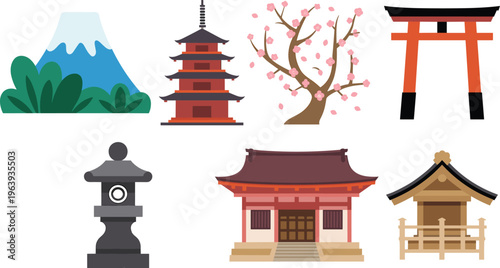 Japanese landmarks and culture icons set with Mount Fuji, pagoda, torii gate and sakura tree, traditional Japan flat vector illustration collection