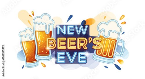 Illustration of a festive New Beer's Eve celebration with beer glasses and confetti on a colorful background, conveying a joyful and lively atmosphere.