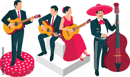 Mariachi musicians playing guitars and bass, Mexican traditional music band, cultural performance, festive entertainment flat vector illustration collection