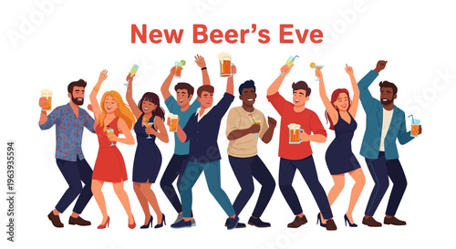 Illustration of a group of friends celebrating New Beer's Eve with raised beer glasses in a festive atmosphere against a clean white background.