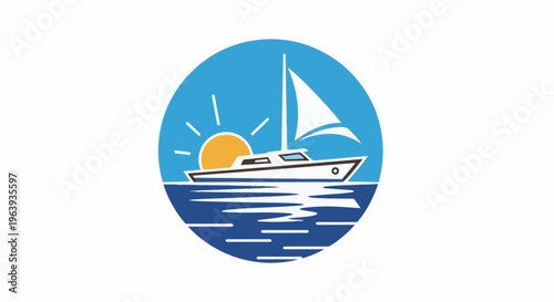 A stylized sailboat glides on calm blue waters under a bright sun