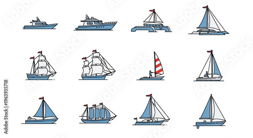 Set of Various Sailboats and Motor Yachts Icons