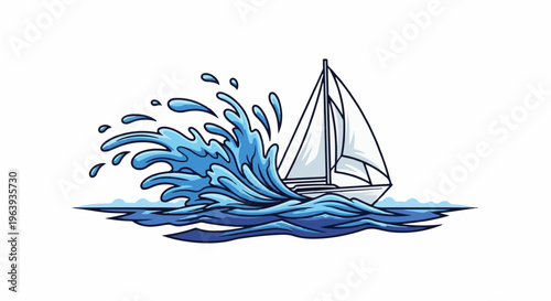 A stylized sailboat navigates through large, dynamic blue waves