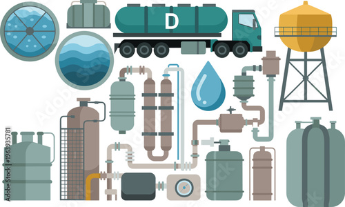 Oil and gas industry equipment set with storage tanks, pipelines, tanker truck and refinery elements, petroleum processing infrastructure flat vector illustration