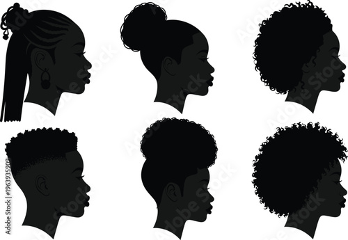 Beautiful African American women hairstyles silhouette, diverse natural hair styles, black woman profile art, modern afro, braids, buns, curls, short hair, textured hair design.