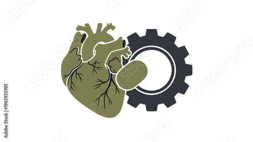 Heart and Gear Symbol: Medical Engineering, Cardiology Technology, Biomechanics Concept