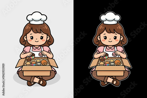 Cute Bakery Owner Girl Packing Freshly Baked Pastries and Cupcakes for Delivery
