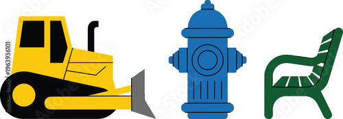 Set of construction and urban vector icons including bulldozer, fire hydrant, and park bench illustration for infrastructure, transportation, and city design