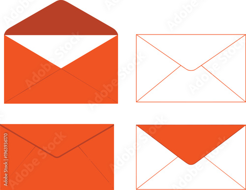 Set of orange envelope mail icons, sealed message templates and email envelope illustrations for communication, business correspondence, and notification design