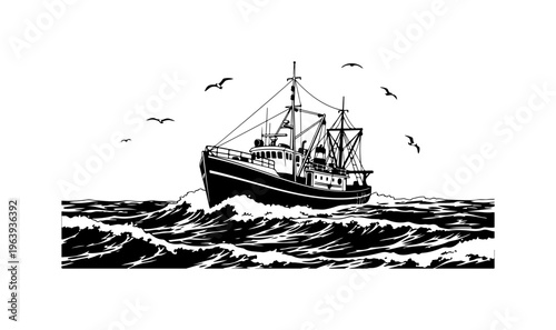 Vintage Fishing Trawler at Sea Vector Illustration