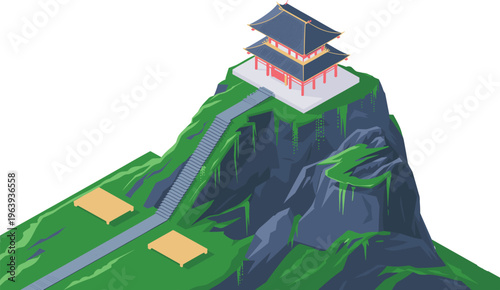 Traditional mountain temple illustration, Asian pagoda on rocky hill, stairway shrine landscape, cultural landmark, serene religious architecture, scenic isometric vector artwork design