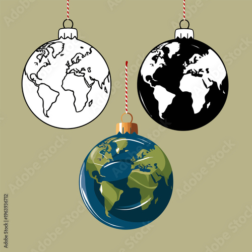 Three christmas baubles with a world map on them