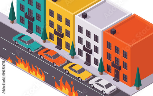 Urban street fire emergency scene, burning road with flames near parked cars and buildings, city disaster risk isometric vector illustration