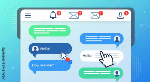 Digital Communication Interface with Chat Bubbles and Notifications.