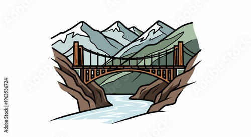 A stylized illustration of a suspension bridge spanning a river between mountains