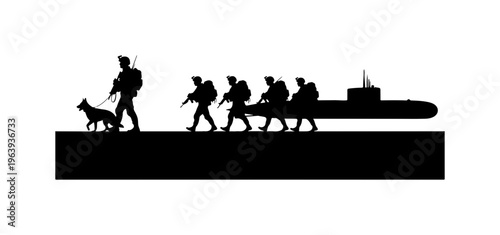 Military Submarine and Troops Deployment Vector Illustration