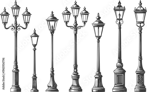 Vintage street lamp collection illustration with classic ornate lamppost designs, antique lighting elements for urban decor, architecture, and retro city design projects