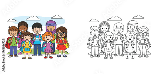 Diverse Group of Multi-ethnic Children with Backpacks Ready for School Illustration, Colored and Line Art Versions for Kids Coloring Page, Educational Back to School Concept