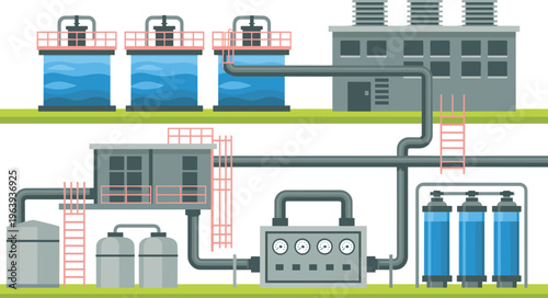 Water treatment plant system with filtration tanks, pipelines and industrial control equipment, clean water processing and purification technology flat vector illustration