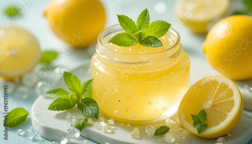Lemon jelly with mint leaves and refreshing summer background