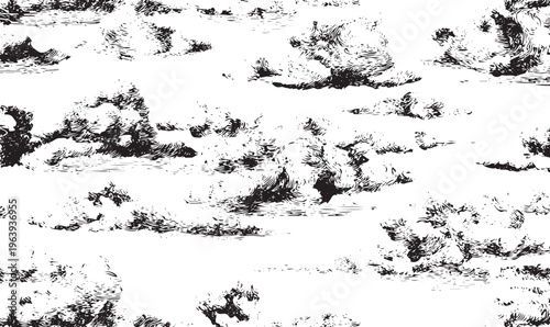 Black and white etched clouds pattern with swirling ink textures on a white background