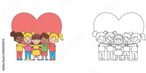 Diverse Children Hugging in Front of a Large Heart Illustration, Colored and Line Art Version for Kids Coloring Page, Symbol of Love, Friendship, and Global Unity for Schools