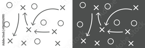 Soccer Match game strategy and tactic plan line icon. isolated on white and black background. Playbook of coach. Strategic organization on field for learning. Vector graphics. Vector illustration . 