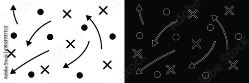 Soccer Match game strategy and tactic plan line icon. isolated on white and black background. Playbook of coach. Strategic organization on field for learning. Vector graphics. Vector illustration . 