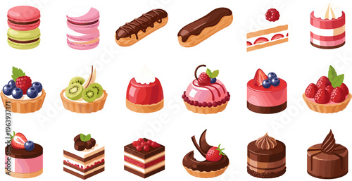 Sweet Dessert Collection Featuring Cakes, Macarons, Eclairs, and Fruit Tarts Illustration Set
