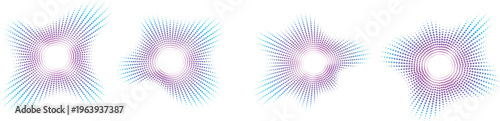 Audio beat symbol concept isolated on white. Sound equalizer icons with lines and dots, gradient neon circular sound-wave frames, and abstract radial music icons. Vector illustration.