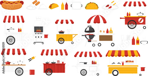 Street Food Carts and Fast Food Stall Icons Featuring Hot Dogs, Tacos, and Outdoor Cooking Equipment