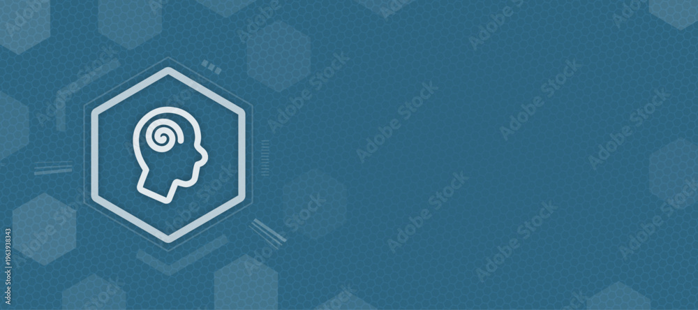 Obraz premium Abstract blue background with hex grid and glowing vector profile with spiral, creativity and mind power, copy space