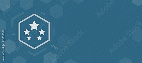 Abstract blue background with hex grid and glowing vector stars icons, five stars rating, copy space