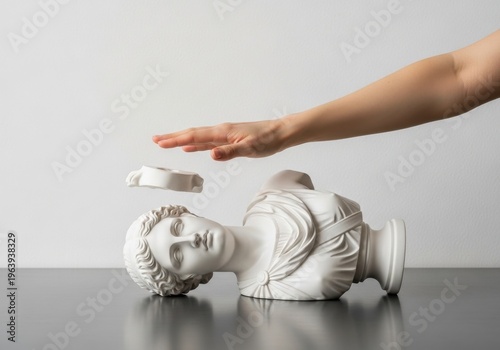 A hand placing a piece back onto a broken classical statue head