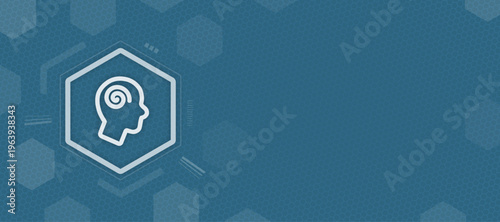 Abstract blue background with hex grid and glowing vector profile with spiral, creativity and mind power, copy space