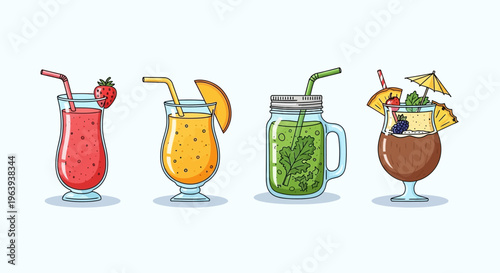 Set of Colorful Hand-Drawn Fruit Smoothies and Tropical Cocktails